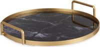 Merkloos Gift Decor Dienblad Marmer met Handvatten | Zwart/Goud | Metaal/Glas | Rond | 30 CM