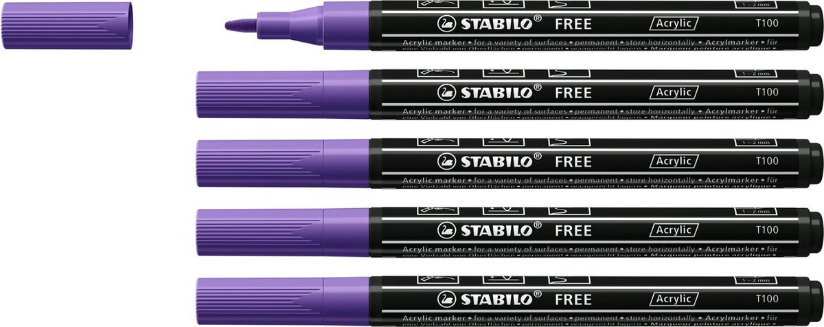 Stabilo FREE - Acryl Marker - T100 - Ronde Punt - 1-2 mm - Paars - Doos 5 stuks