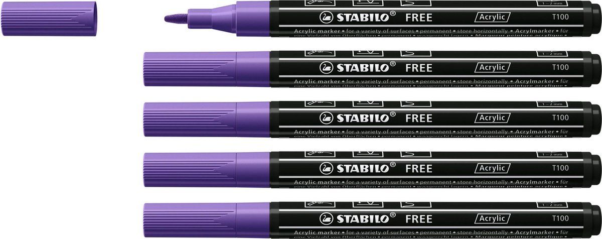 Stabilo FREE - Acryl Marker - Ronde Punt - 1-2 mm - Paars - Doos 5 stuks