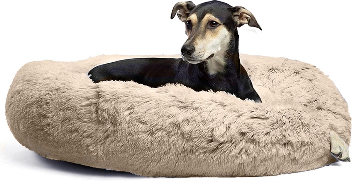 Pet Perfect Donut Hondenmand - Zacht Pluche Hondenmanden - 80 x 80cm - Antislip - Kattenmand - Creme/Bruin bruin