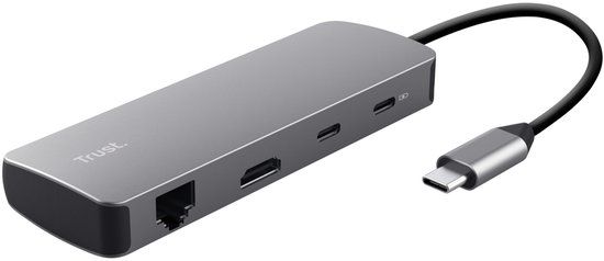 Trust Dalyx 8-in-1 USB-C Multiport Adapter - USB-C hub – HDMI en Ethernet – Power Delivery ondersteuning – Grijs