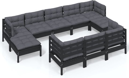 vidaXL 10-delige Loungeset met kussens massief grenenhout zwart