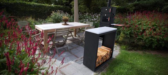 Merkloos Geroba Beltza Butcher Block Houtopslag zwart L100 x B38,5 x H100 cm wit natuursteen blad