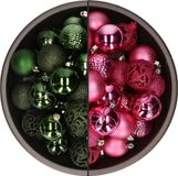 Bellatio Decorations Kerstballen mix - 74-delig - donkergroen en fuchsia - 6 cm - kunststof