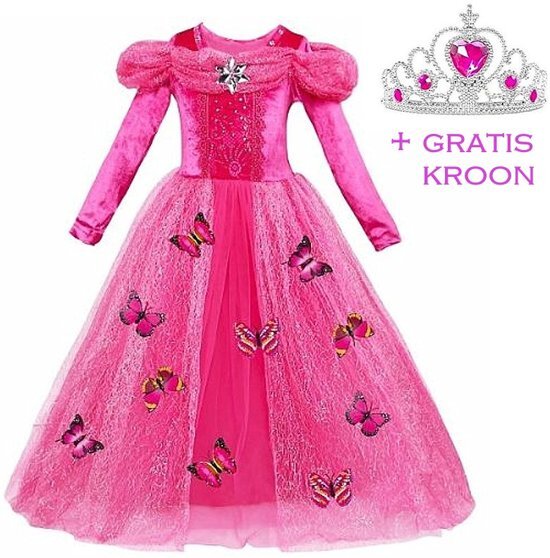 Spaansejurk NL Prinsessen jurk verkleedjurk 116-122 120 fel roze Luxe met vlinders + GRATIS kroon