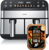 Arendo Heißluftfritteuse mit Doppelkorb, 9 Liter, Airfryer mit 2 Garkammern, 2400 W, 3-in-1 mit Ofenfunktion und Dörrfunktion, 8 Programme, 3D-Umluftsystem, Touchscreen mit 16 Sensortasten