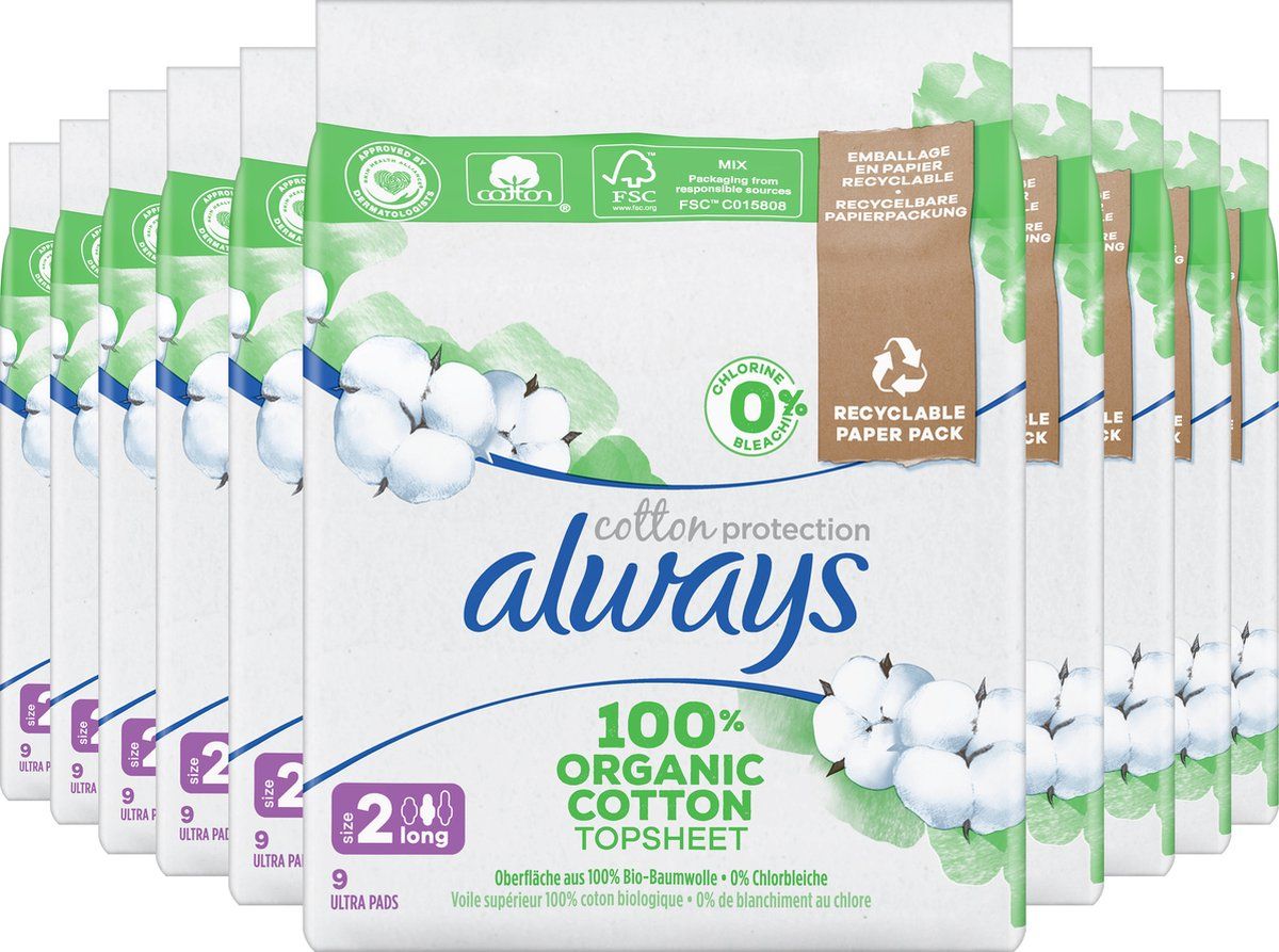 Always Cotton Protection Long Maandverband Met Vleugels Voordeelverpakking 10 x 9 stuks