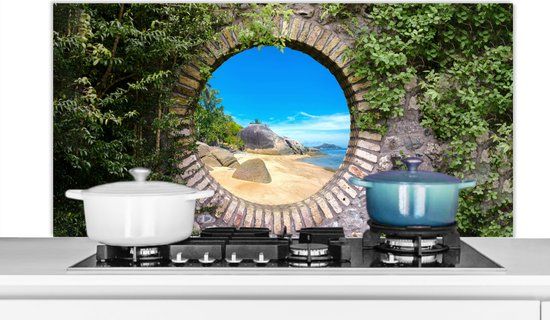 KitchenYeah Spatscherm keuken 120x60 cm - Kookplaat achterwand Zomer - Strand - Doorkijk - Tropical - Muurbeschermer - Spatwand fornuis - Hoogwaardig aluminium