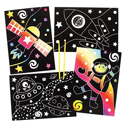 Baker Ross FE663 zonnestelsel krasfolie kunst afbeeldingen - Pack van 8, Rainbow Scratch Art, kinderen activiteiten creatieve activiteiten voor kinderen