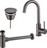 Fortifura Calvi Wastafelkraanset - hoge wastafelkraan - draaibare uitloop - always open plug - design sifon - PVD - geborsteld gunmetal (antraciet)