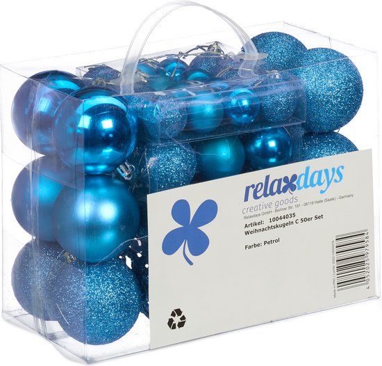 Relaxdays Kerstballenset van 50, onbreekbaar, kunststof, Ø 3, 4 & 6 cm, petrol