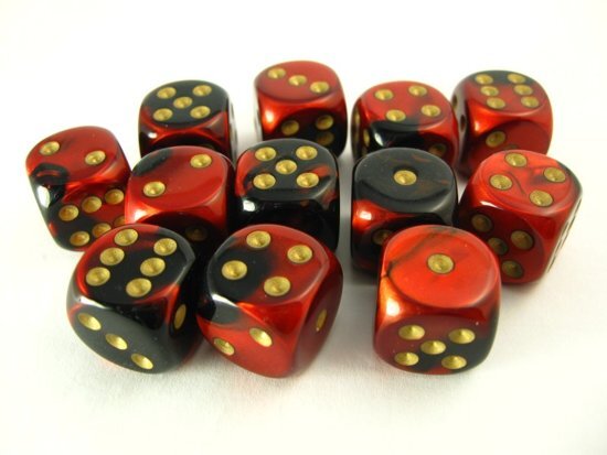 Chessex dobbelstenen set 12 6-zijdig 16 mm Gemini red-black w/gold