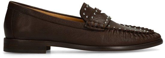 Manfield Dames Bruine leren loafers met zilverkleurige studs Maat 42