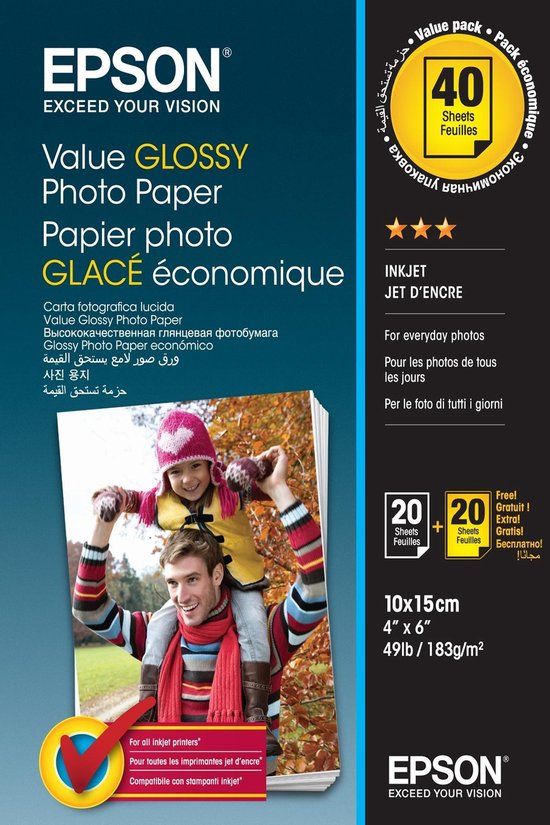 Epson Value Glossy Photo Paper - 10x15cm - 40 Sheets (BOGOF)