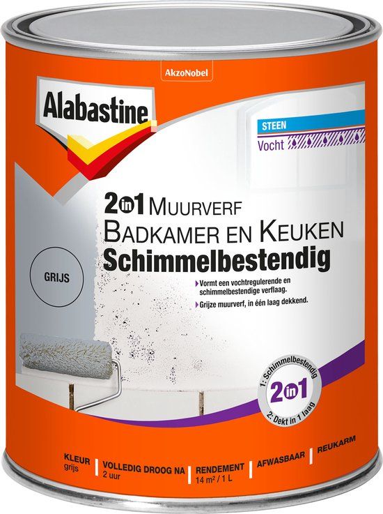 Alabastine 2-in-1 Muurverf badkamer en keuken schimmelbestendig grijs 1 l