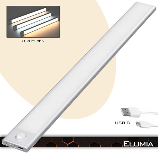 Elumia Elumia® LED lamp 80cm met bewegingssensor - 3 kleuren(warm wit, wit en koud wit) - USB C - Led Verlichting met 156 LED's - Aluminium - Magnetisch - USB-oplaadbare Accu - Eenvoudige Bevestiging