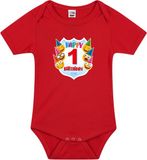 Bellatio Decorations Shoppartners Bv Happy Birthday 1e Verjaardag Romper - Unisex - Jongens - Meisjes - 1 Jaar met Emoticons Rood voor Baby's 92