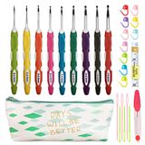 Nieuwste set van 27 stuks ergonomische haaknaalden set met etui extra lange zachte handgrepen haaknaalden voor artritische handen, standaard US maat B (2 mm) -J (6 mm)