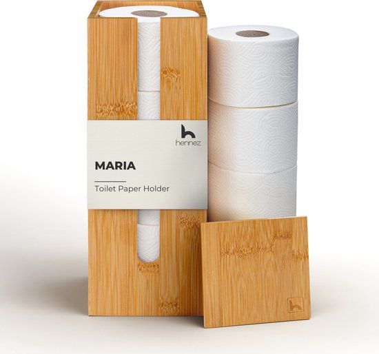 Hennez Toiletpapierhouder met Deksel - Bamboe - 4 Rollen - Vrijstaand
