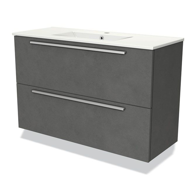 Maxaro Badkamermeubel 100cm Modulo Slim Donkergrijs Beton 2 Lades Vlak Wastafel Keramiek