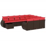 vidaXL 11-delige tuinbankset met kussens, bruin polyrotan