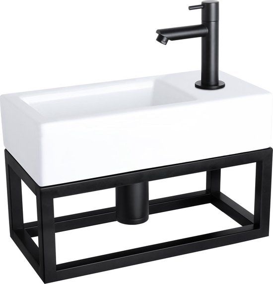 Differnz Ravo Fonteinset - 38.5x18.5cm - Wit Keramiek - Mat Zwart Kraan - Met Handdoekrek