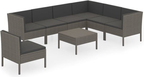 vidaXL 8-delige Loungeset met kussens poly rattan grijs