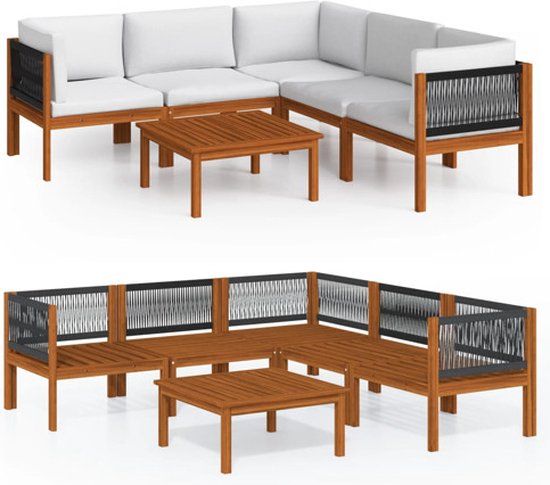 vidaXL 6-delige tuinloungeset met kussens crèmekleurig acaciahout en touw