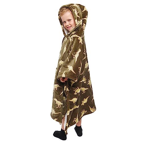 Bedlam Kinderen Sherpa Fleece Hooded Throw - Dino Green - 75 x 92.5 cm