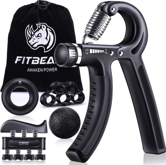 FitBeast Handtrainer voor krachtverhoging, trainingsset met onderarmgreep, set van 5, verstelbare handtrainer, vingertrainer, vingerstretcher, trainingsring en stress-afbouw-handgreep voor sporters (Zwart)