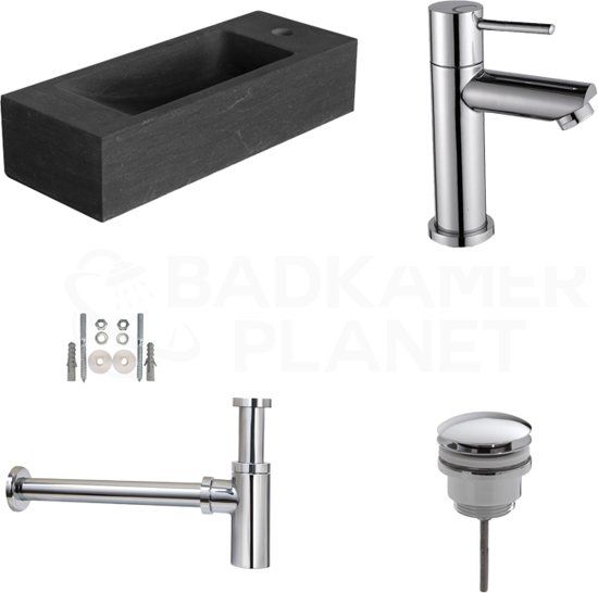 Badkamerplanet Natuursteen Fonteinset Siena - 17x45x10 cm - Incl. Kraan, Afvoer en Sifon