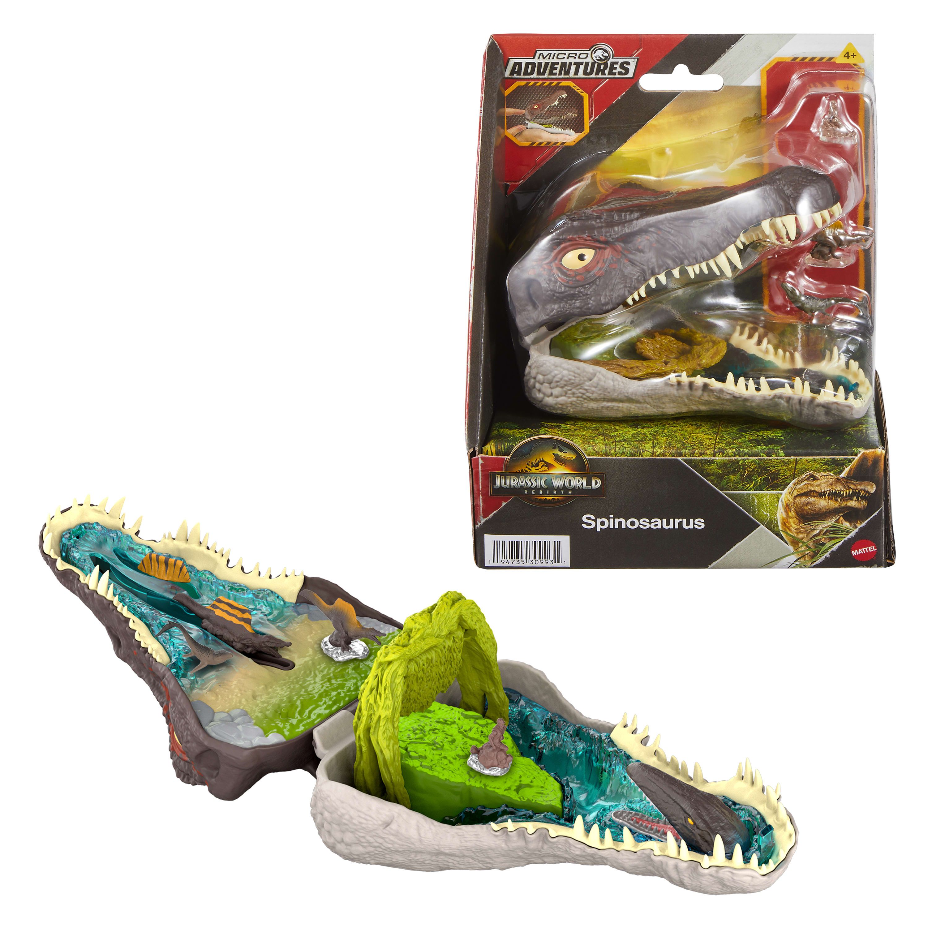 Mattel Jurassic World Rebirth Avonturen in Microland, Spinosaurus-kop als speelset met interactieve functies en figuren