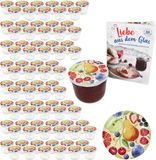 MamboCat Set van 100 glazen potten van 230 ml met schroefdeksel, cartoonvruchten, TO 82 deksels met diamantsuikerrecept, voorraadpotten en voorraadpotten