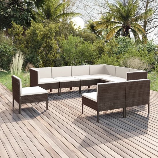 The Living Store Loungeset - PE-rattan - Stabiel en stevig - Bruin - 6x middenbank - 3x hoekbank - Zitkussen - Rugkussen - 100% polyester - Montage vereist