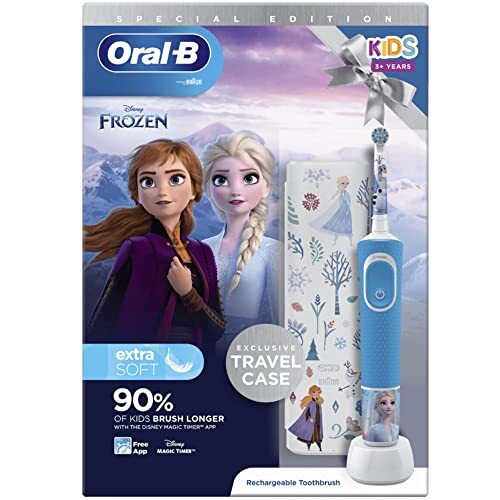 Oral-B Kids elektrische tandenborstel, 1 tandenborstelkop, reiskoffer, x4 bevroren 2 stickers, 2 modi met kindvriendelijke gevoelige modus, voor leeftijden 3+, 2 pins UK Plug, blauw