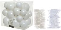 Kaemingk B.V. Décoration de Noël boules de Noël en plastique 6-8-10 cm avec guirlandes en aluminium hiver blanc de 28 pièces