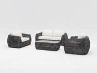 Vente-unique Tuinset van gevlochten hars: een 2-persoons tuinbank, 2 fauteuils en 1 salontafel - Antraciet met witte kussens - VEYRO van MYLIA