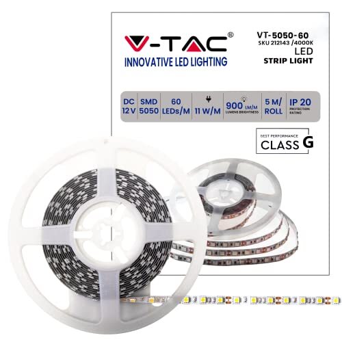 V-tac Ledstrip 5 meter spoel 11 W per meter, SMD 5050, kleur van het licht natuurlijk wit, 4000 K voor gebruik binnenshuis met plakstrip, stroomvoorziening via 12 volt.