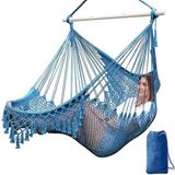 Merkloos / Sans marque Famanu Hangmat Stoel - Super Grote Hangstoel - Zacht Gesponnen Katoenen Touw - Inklapbare Metalen Spreider Bar - Brede Zitting - Schommelstoel - Indoor & Outdoor - Tuin - 240x80cm - Koningsblauw