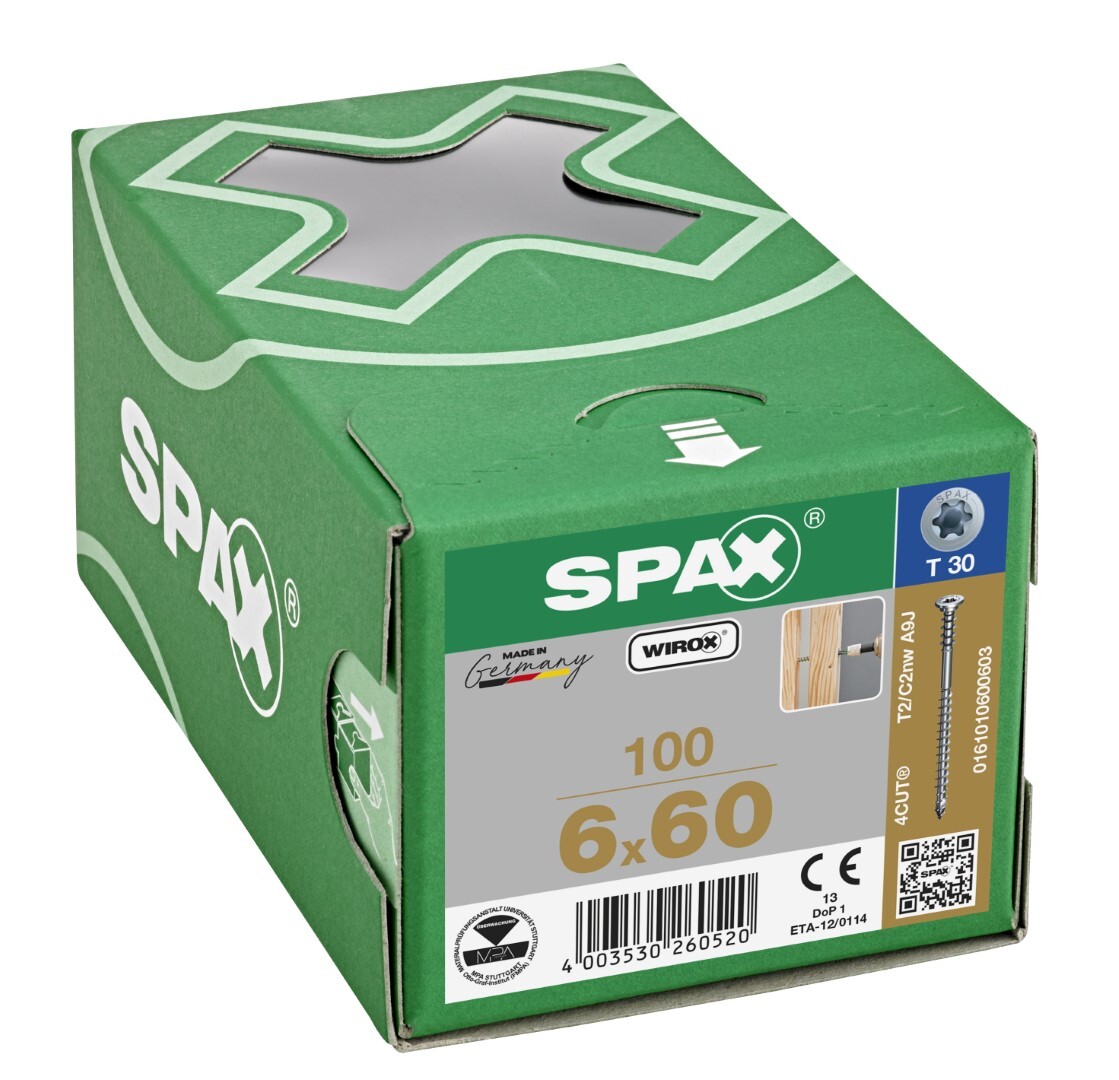 Spax Afstelschroef, platte kop houders T-Star plus WIROX 6,0 x 60 mm 100 stuks