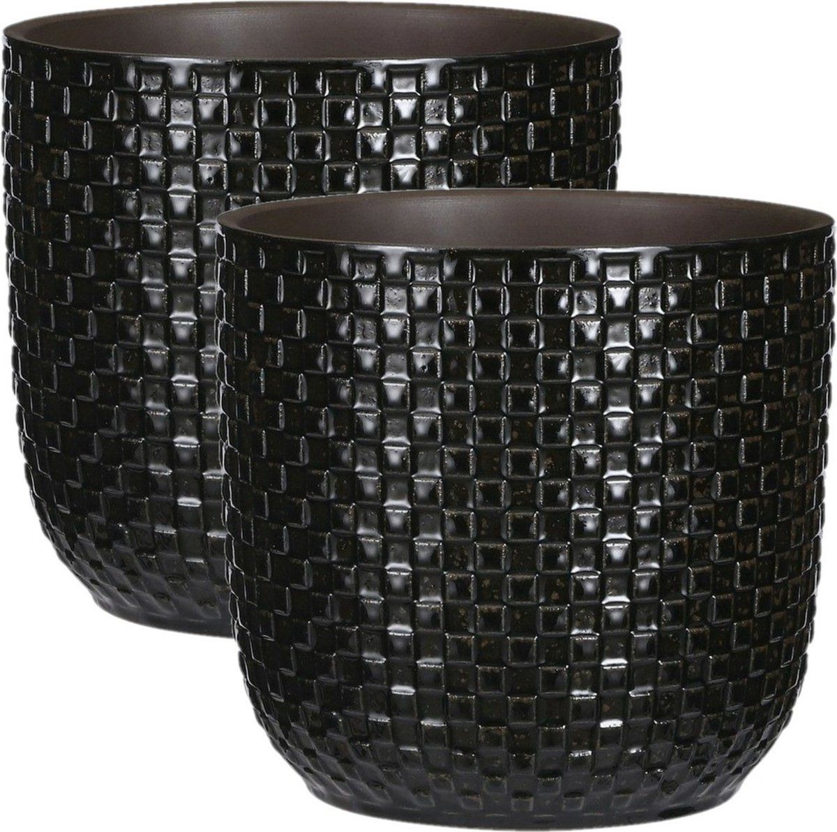 Mica Decorations - Plantenpotten/bloempotten 2x stuks - Keramiek zwart - D19/H18 cm