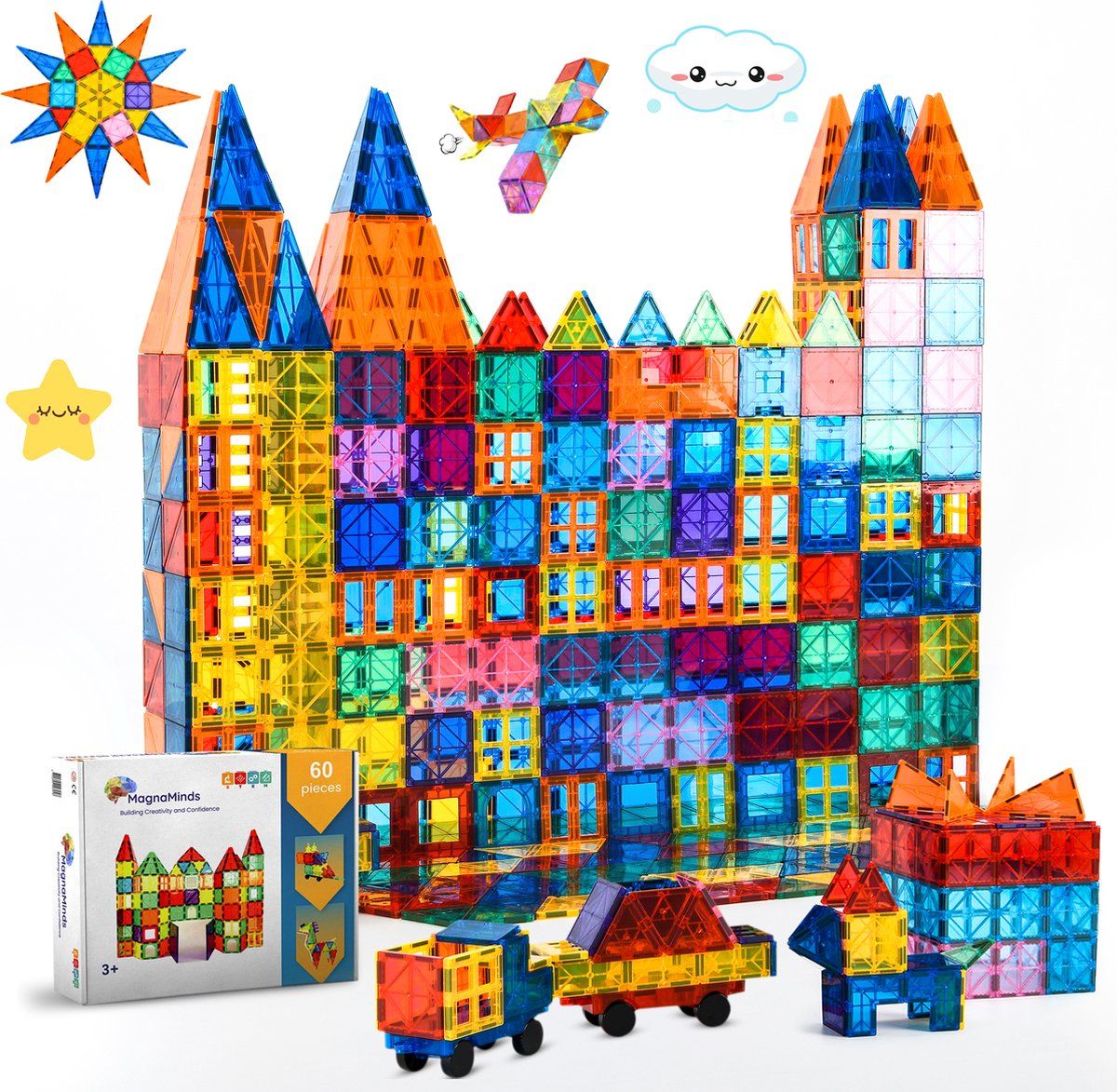 Magna Minds Magnetic Tiles - 60 Piece Set - Magnetic Construction Toy - STEM Montessori Toy - Ages 3+