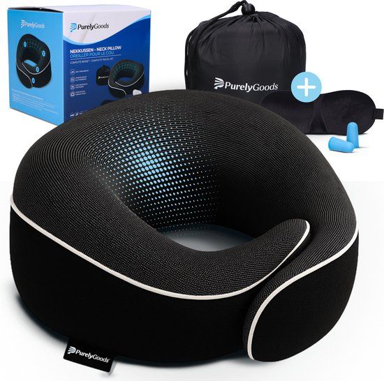 PurelyGoods® Nekkussen Set - Reiskussen - Vliegtuig & Auto - Memory Foam - Zwart