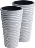 Merkloos Prosperplast Bloempot/plantenpot Sand - 2x stuks - kunststof - met binnenpot - wit - D30 x H52 cm - binnen/buiten