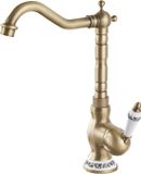 Merkloos Unyqoos® Antieke wastafelmengkraan, messing, hoog model, eenhendel, 360° draaibare uitloop, keramische details, antiek brons