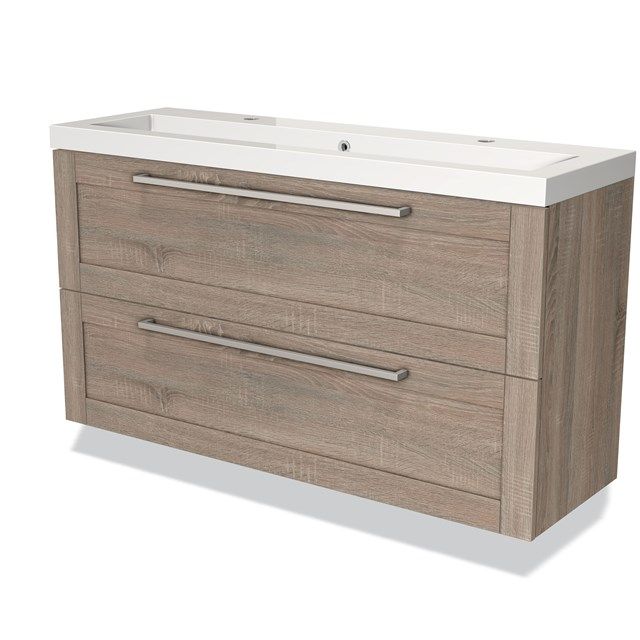Maxaro Badkamermeubel 120cm Modulo Slim Eiken 2 Lades Kader Wastafel Mineraalmarmer