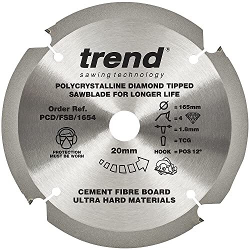 TREND Trend Vezelplaatzaagblad PCD, 165 mm diameter x 4 tanden x 20 mm asgat, Polycrystalline diamantpunt, PCD/FSB/1654