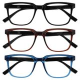 OPULIZE LEO Leesbril - 3-Pack - Groot Rechthoekig Montuur - Zwart, Bruin, Blauw - Heren Dames - Veerscharnieren - RRR55-123 - +1.00