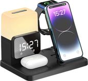 DrPhone FusionStation - Station d'accueil 6-en-1 – Fonction horloge – Fonction réveil – Lampe de chevet intégrée – Convient pour iPhone [ 8-16 ] / AirPods 3/2/Pro / iWatch Ultra 8/7/6/5/4/3/2/SE - Noir
