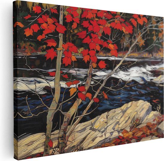 Artaza Canvas Schilderij Kunstwerk Rivier Rode Bladeren 40x30 cm